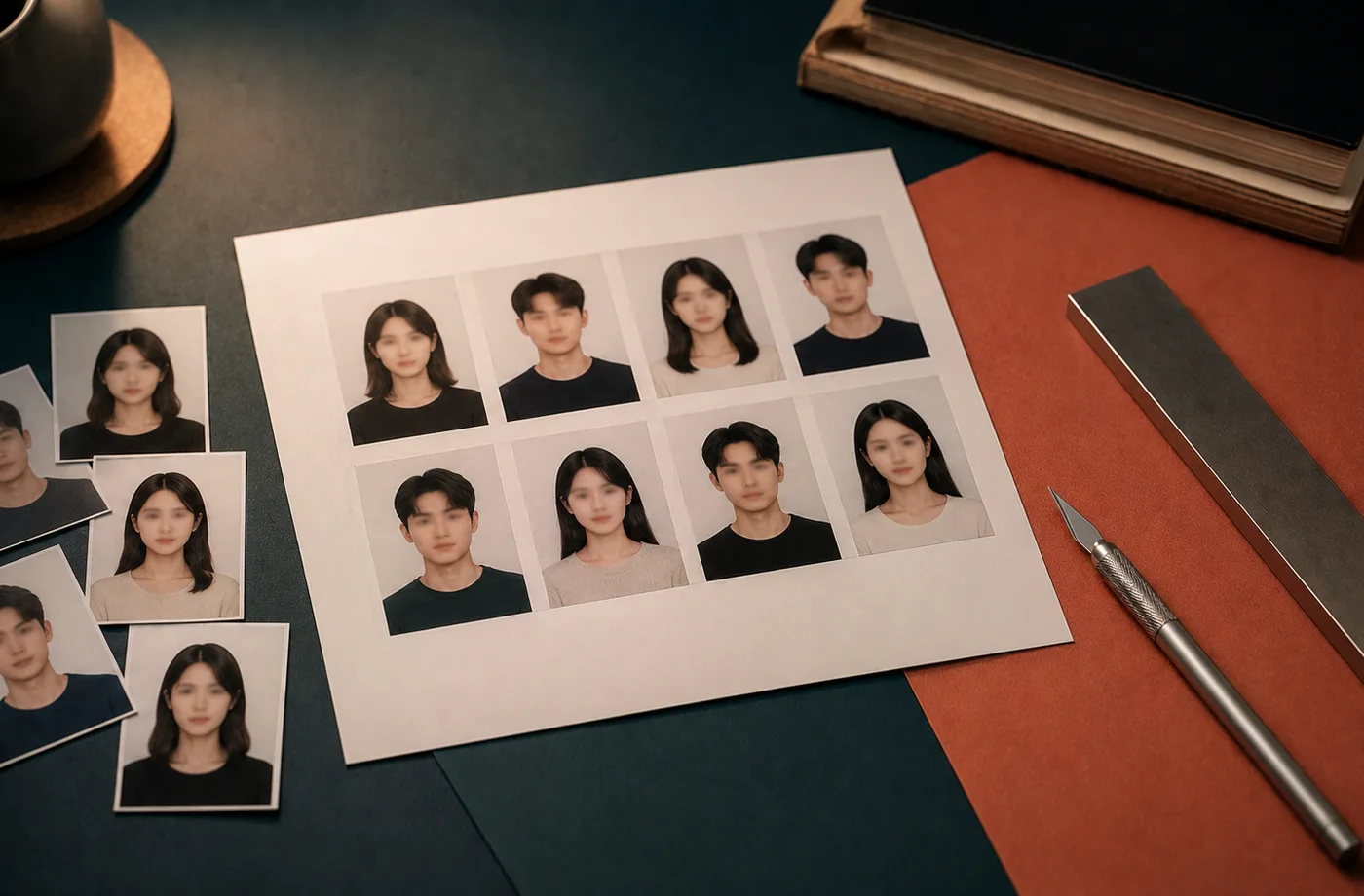Completed ID photo print sheet with crop guide